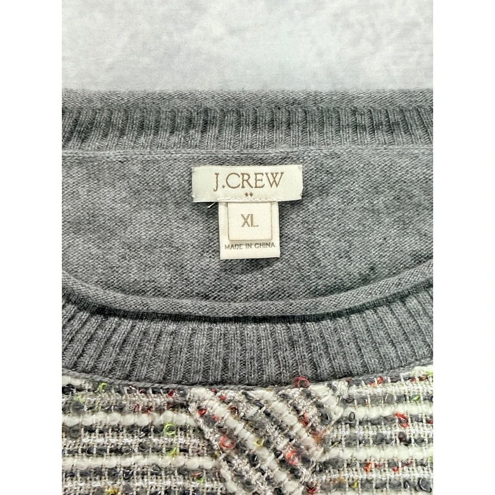 J Crew Womens sz XL Gray Tweed Front Merino Wool‎ Blend Sweater preppy academia